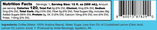 Nutrition facts label and ingredients list on a beverage package